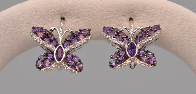 Simple Silver Drop Earrings-14K white gold Amethyst/Diamond butterfly earrings