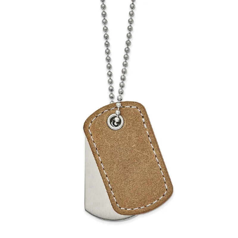 Gemstone Necklace for Evening Wear-Men's Stainless Steel & Tan Leather 2 Piece Dog Tag Necklace, 22 Inch