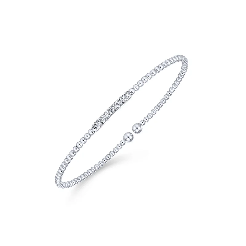 Engraved Bracelets for Personalized Gifts-14K White Gold Diamond Pave Top Bead Cuff