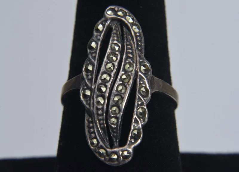 Wedding Ring Set with Diamonds-Sterling Silver Marcasite Pierced Design Ring - Size 8.25