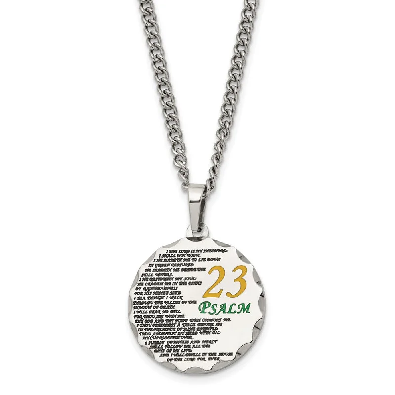 Silver Necklace for Everyday Wear-Stainless Steel Acid Etched Psalm 23 Disc Necklace, 24 Inch