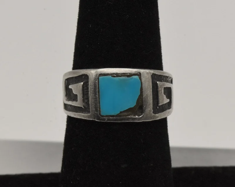 Classic Titanium Ring for Wedding-Vintage Handmade Sterling Silver Turquoise Southwestern Style Ring - Size 6