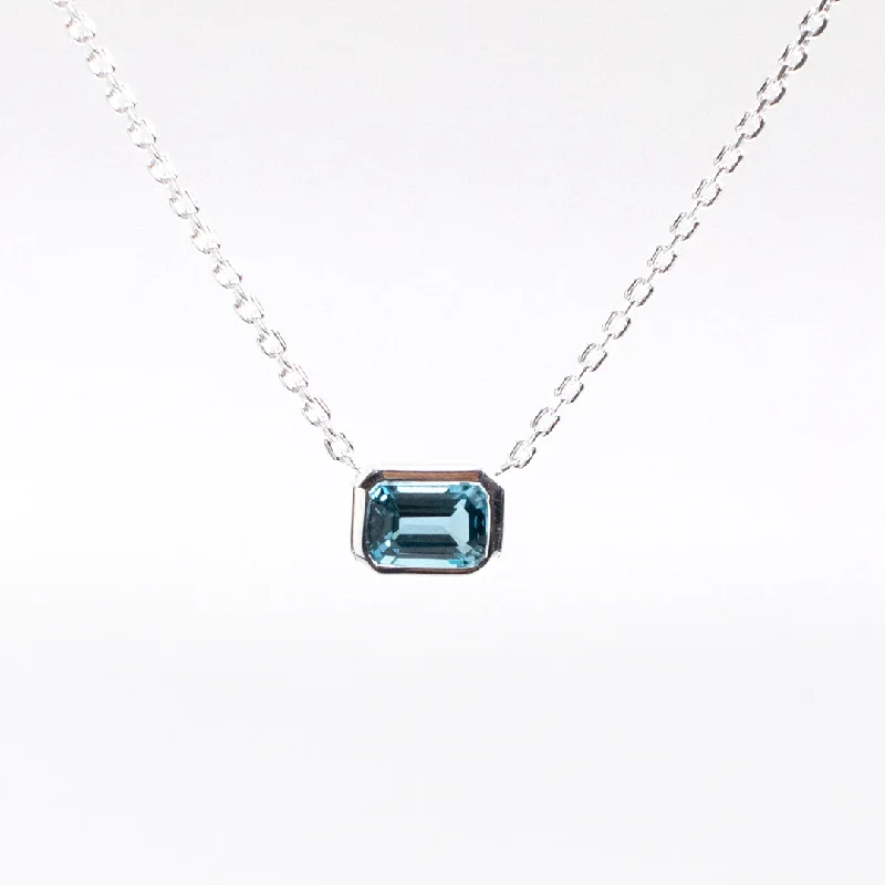 Gold Necklace with Crystal Pendant-Blue Topaz Bezel Set Solitaire Silver Necklace