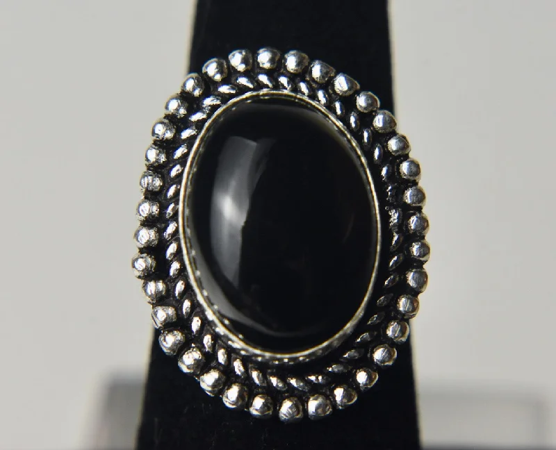 Sterling Silver Ring for Men-Black Onyx Cabochon Silver Tone Metal Ring - Size 6.5