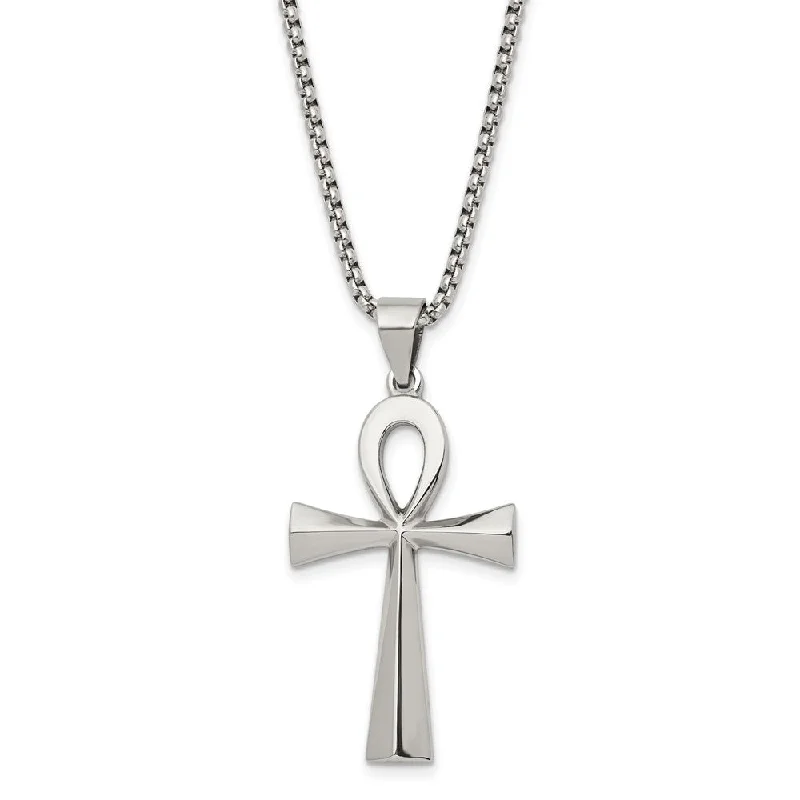 Luxury Gold Necklace for Weddings-Stainless Steel Polished Ankh Cross Necklace, 25.5 Inch