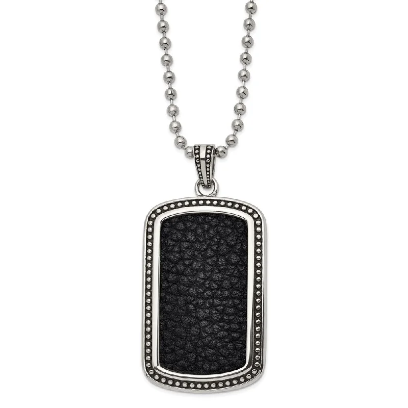 Classic Choker Necklace for Women-Men's Stainless Steel & Black Leather Antiqued Dog Tag Necklace, 22 In