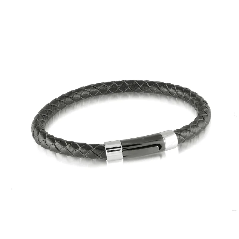 Gold Bracelets for Women-MEN'S BLACK LEATHER AND STAINLESS STEEL BRACELET