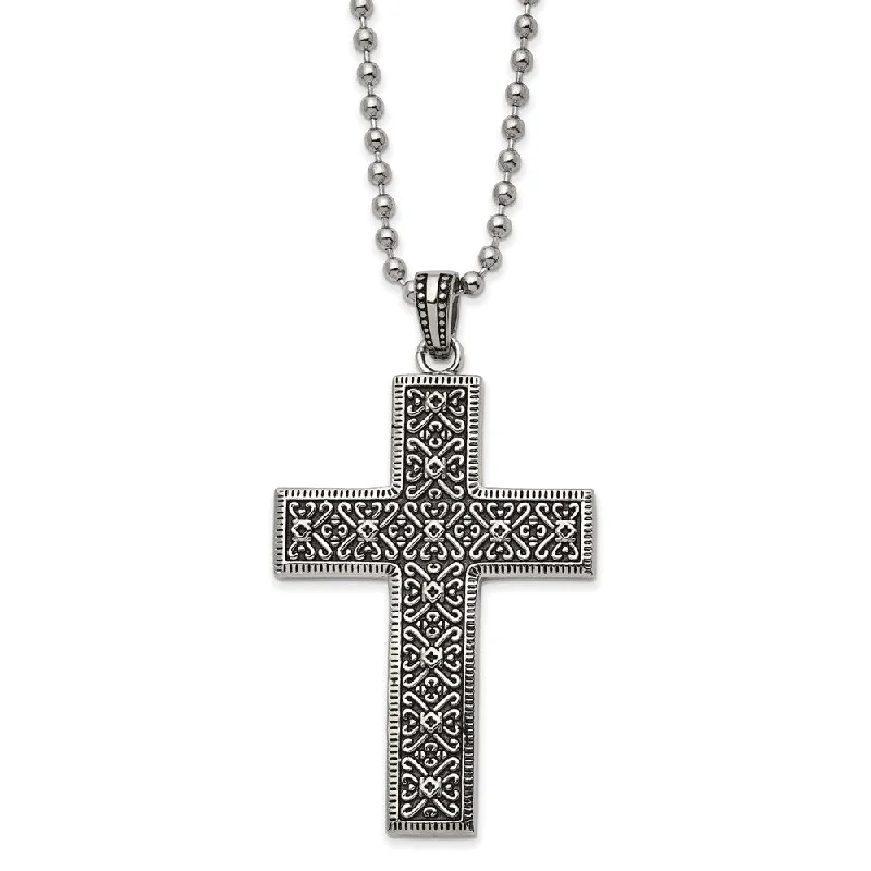 Black Pearl Necklace for Elegant Look-Stainless Steel Large Antiqued Fancy Cross Necklace, 22 Inch