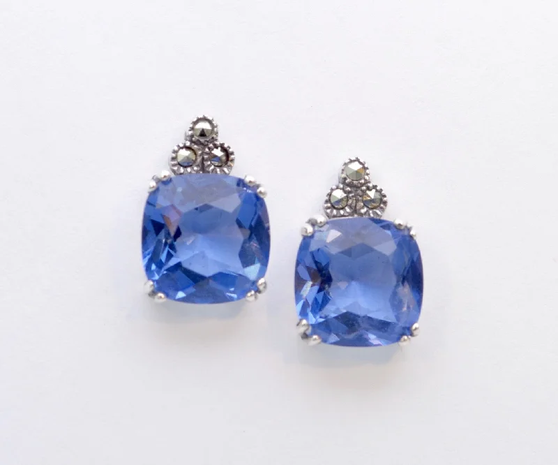 Statement Earrings for Girls-Synthetic Sapphire Post Earrings in Sterling Silver