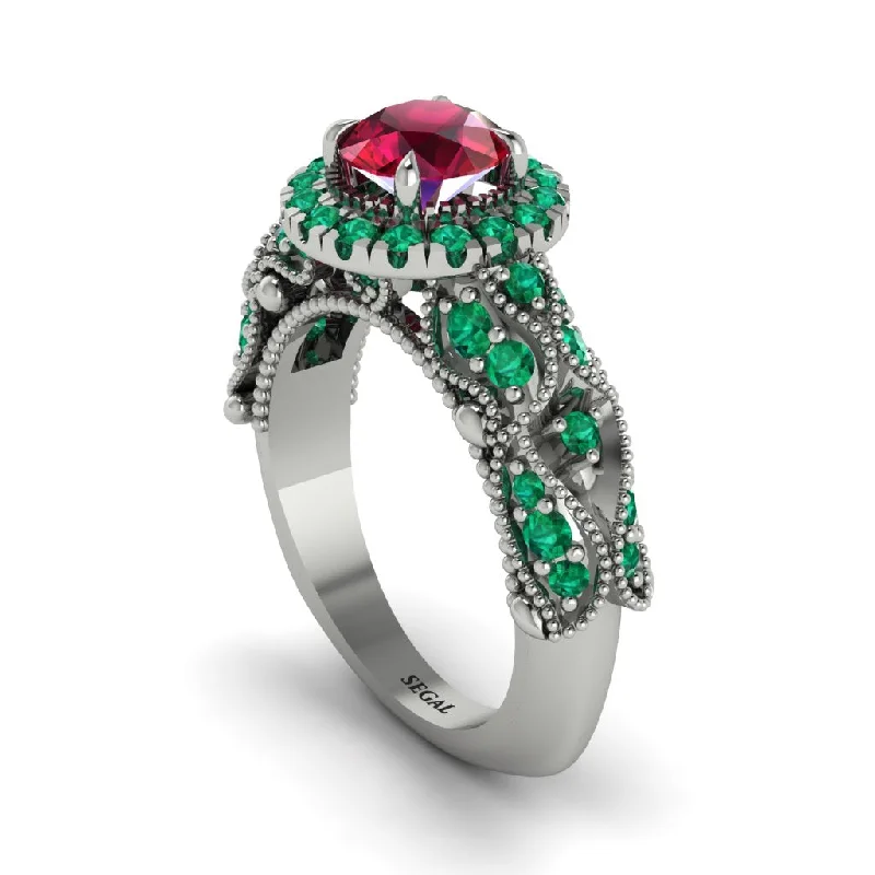 Trendy Gold Ring for Fashion-Exclusive Halo Ruby Milgrain Engagement Ring - Kendra No. 27