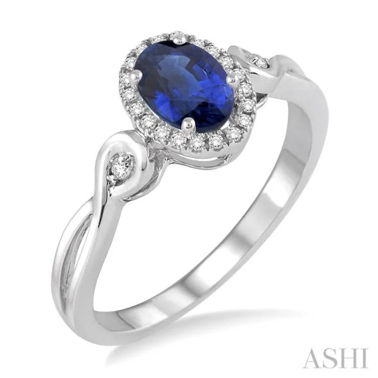 Customizable Gemstone Ring for Women-6x4 MM Oval Cut Sapphire and 1/10 Ctw Round Cut Diamond Ring in 10K White Gold