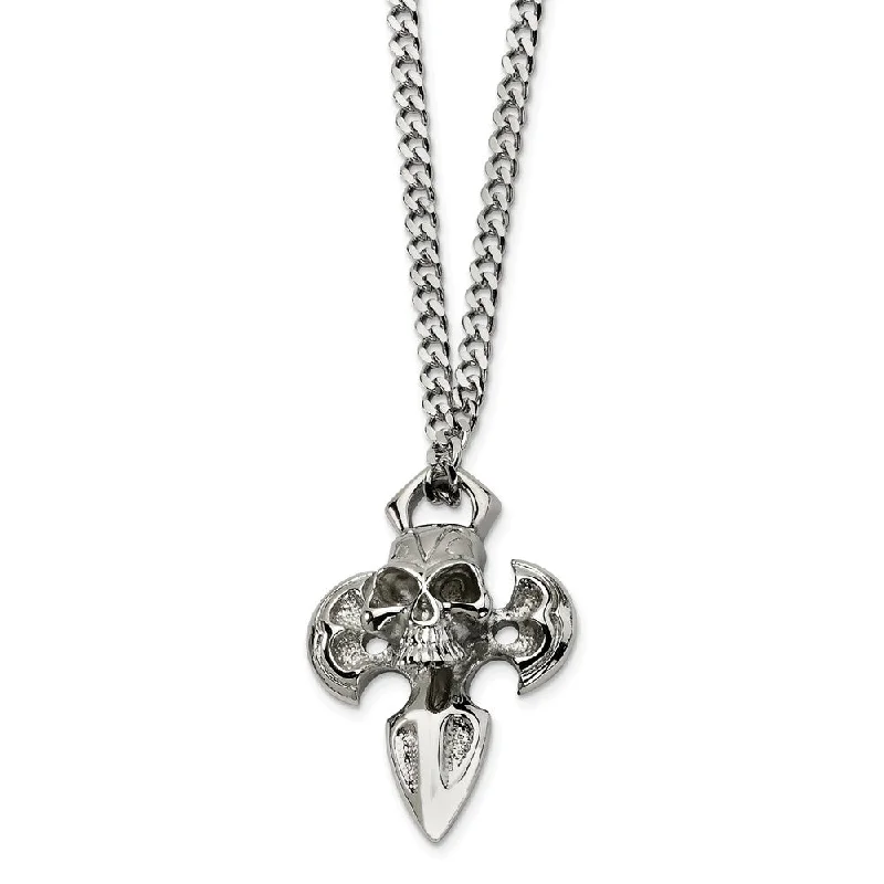 Long Silver Necklace for Women-Men's Stainless Steel Cross with Skull Necklace