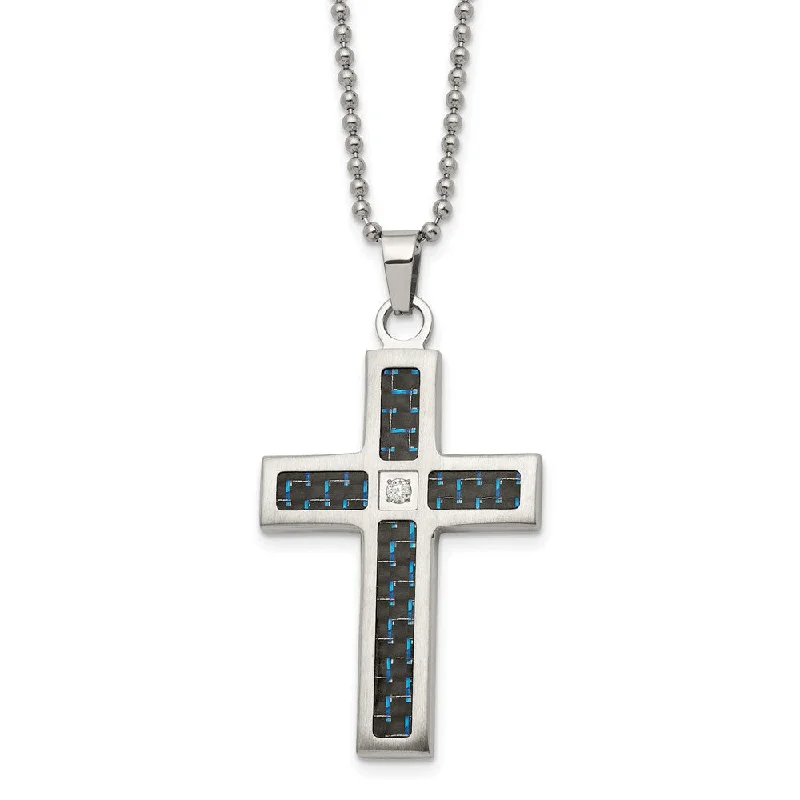 Luxury Crystal Necklace for Glamour-Stainless Steel, Black/Blue Carbon Fiber & CZ Cross Necklace, 22 Inch