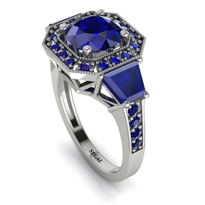 Beautiful Gold Ring with Gemstones-Modern Halo Princess Cut Sapphire Stone Engagement Ring - Doris No. 75