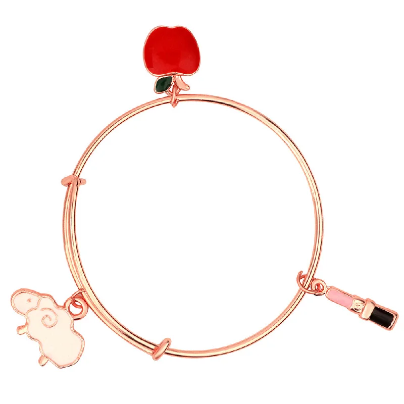 Colorful Bangles for Festivals-Mahi Rose Gold Ship & Apple Shaped Colorful Enamel Work Charms Girls Bracelets (BRK1100824Z)