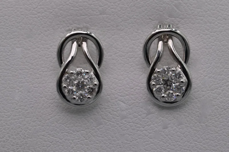 Small Drop Earrings for Casual Style-14K white gold post earrings with seven-diamond clusters