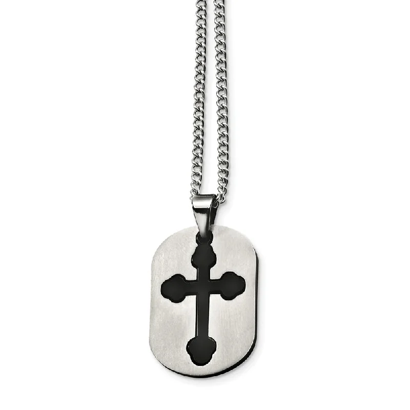 Luxury Crystal Necklace for Glamour-Stainless Steel and Black Budded Cross Two Piece Dog Tag Necklace