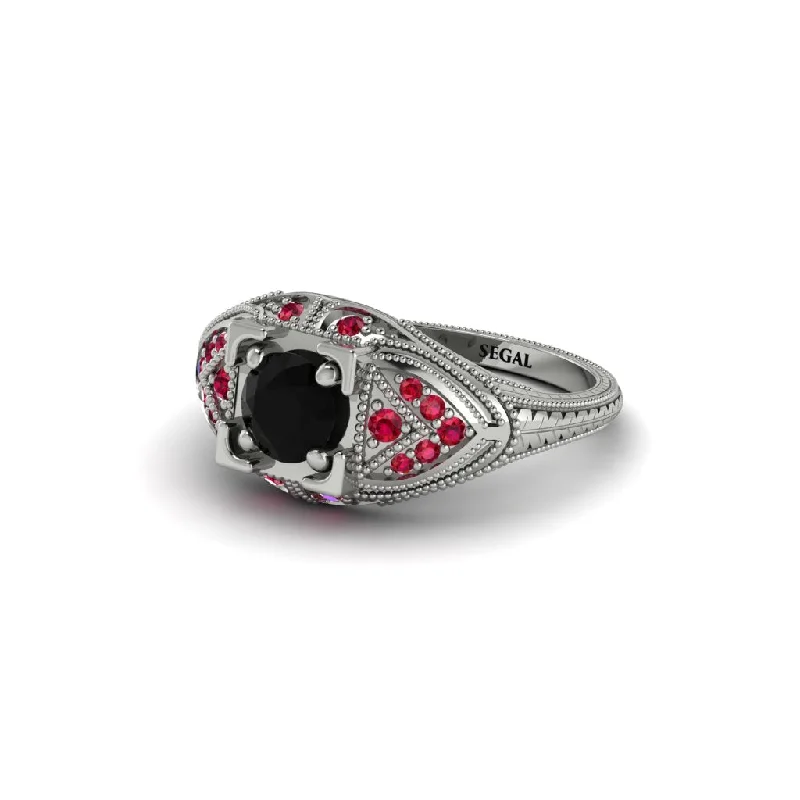 Unique Promise Ring for Her-Round Black Diamond Filigree Art Deco Vintage Engagement Ring - Bree No. 54