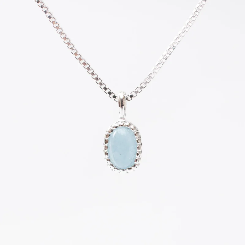 Choker Necklace for Women-Silver Milgrain Edge Oval Aquamarine Necklace