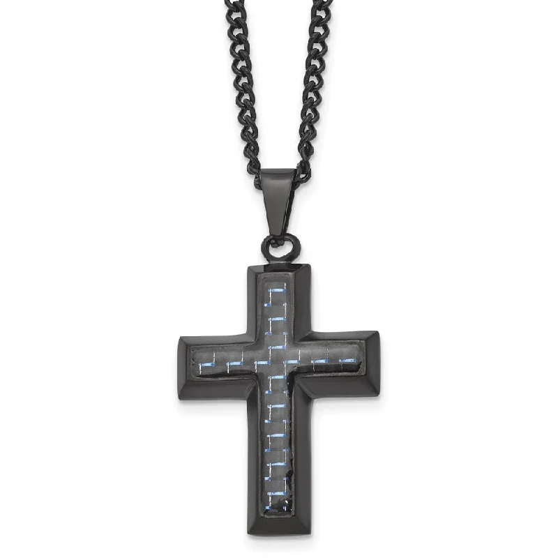 Dazzling Necklace for Special Events-Black Plated Stainless Steel Blue Carbon Fiber Cross Necklace, 24 Inch