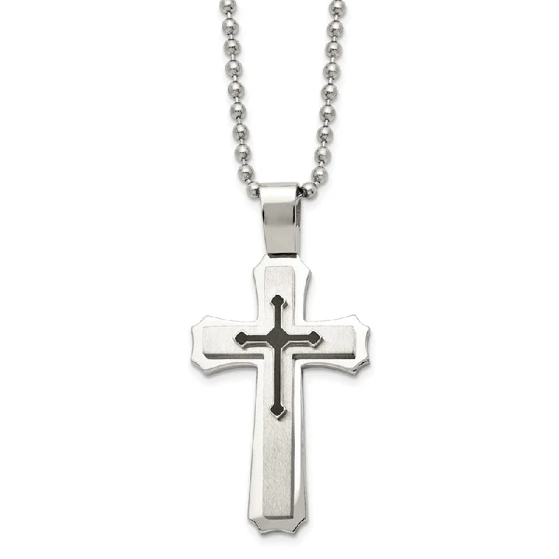 Large Pendant Necklace for Fashion Statement-Stainless Steel & Black Rubber Triple Cross Necklace, 24 Inch