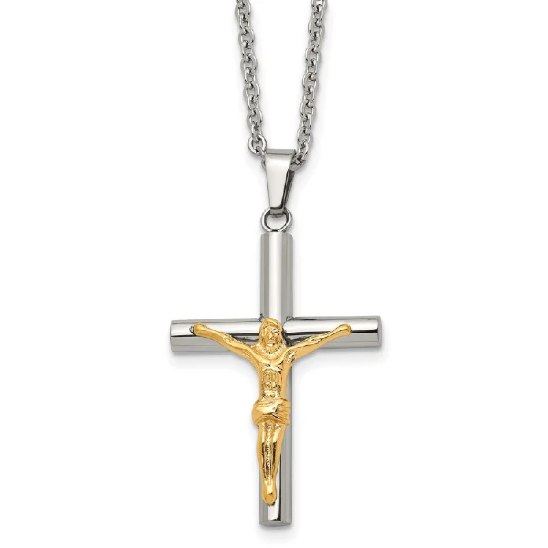 Simple Bead Necklace for Casual Looks-Stainless Steel Gold Tone Plated Crucifix Tube Cross Necklace, 20 Inch