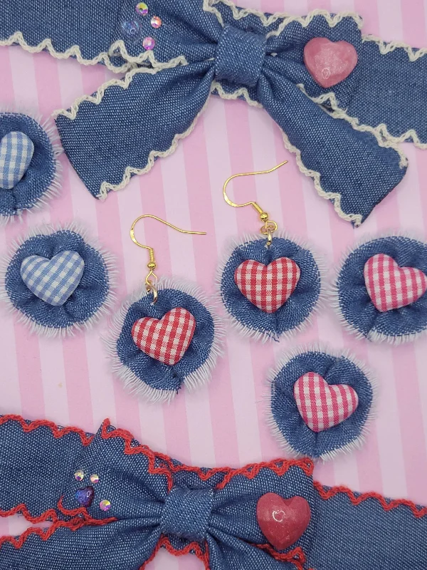 Multi-color Earrings for Fashionistas-Jean Rosette Gingham Heart Dangle Earrings