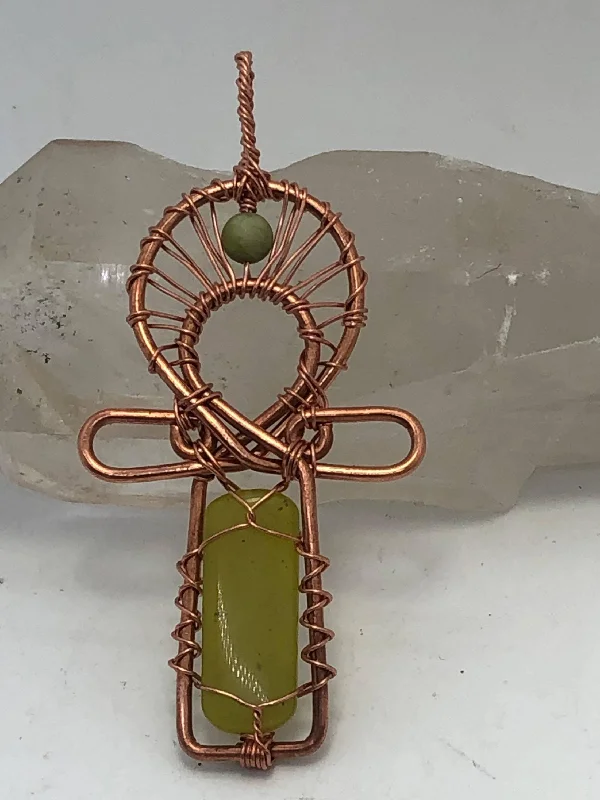 Vintage Style Necklace-Jade Copper Egyptian Kemetic Coptic Cross  Ankh Wirewrapped Wearable Pendant Necklace