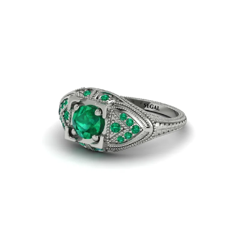 Classic Silver Ring for Casual Wear-Round Emerald Filigree Art Deco Vintage Engagement Ring - Bree No. 21