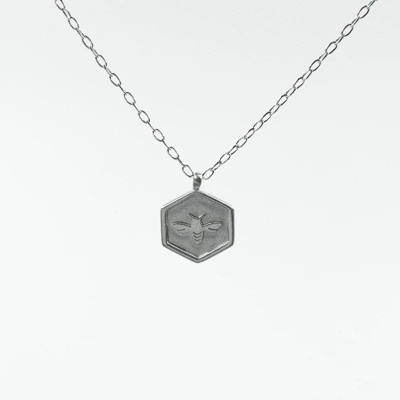 Large Statement Necklace for Occasions-Brushed Silver Hexagon Shaped Honeybee Necklace