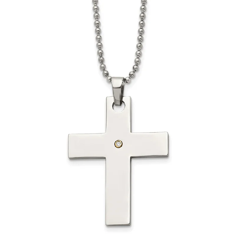 Elegant Silver Necklace for Formal Occasions-Stainless Steel and Single Diamond Accent Cross Necklace - 22 Inch