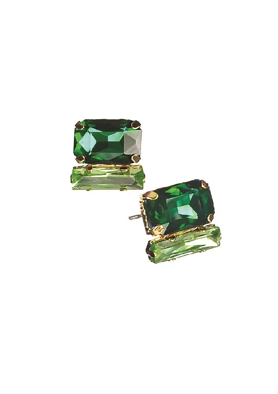 Stylish Gold Earrings for Weddings-Hot Tomato Beguiling Baguette Cut Double Stud Earrings - Green & Greener