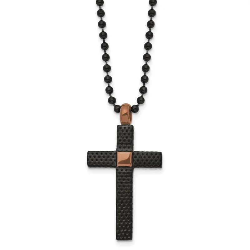 Gemstone Necklace for Wedding-Black & Brown Plated Stainless Steel Textured Cross Necklace, 24 Inch