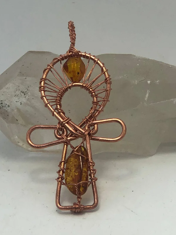 Sparkling Silver Necklace for Special Events-Baltic Amber Copper Egyptian Kemetic Coptic Cross  Ankh Wirewrapped Wearable Pendant Necklace