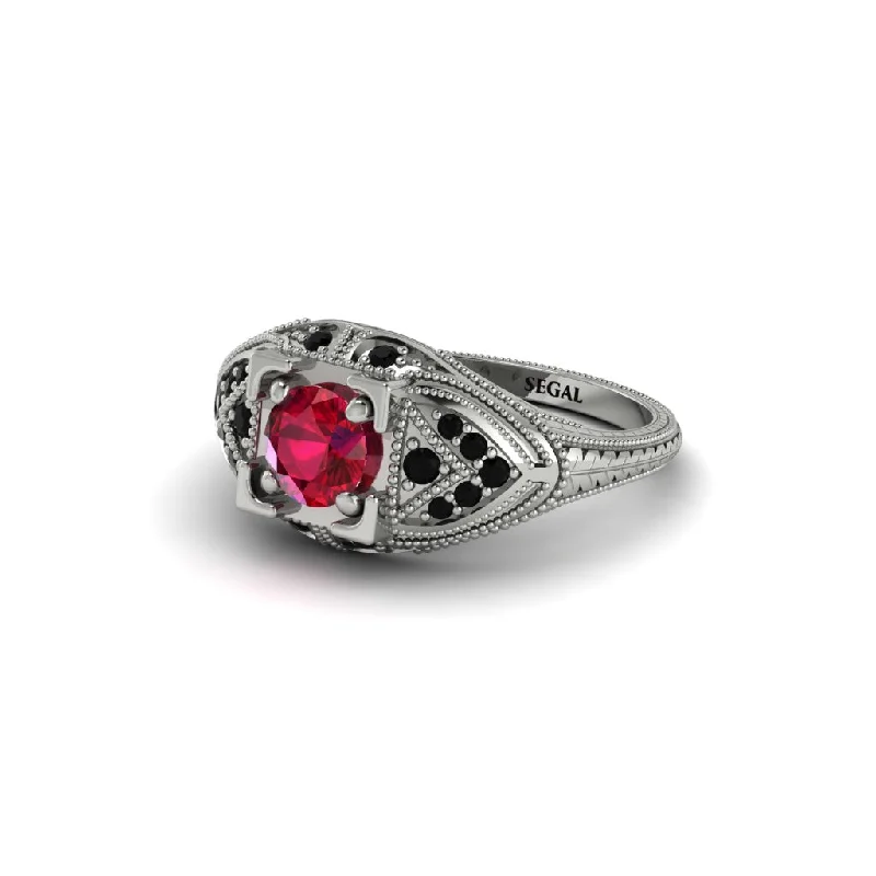 Stylish Wedding Band for Women-Round Ruby Filigree Art Deco Vintage Engagement Ring - Bree No. 42