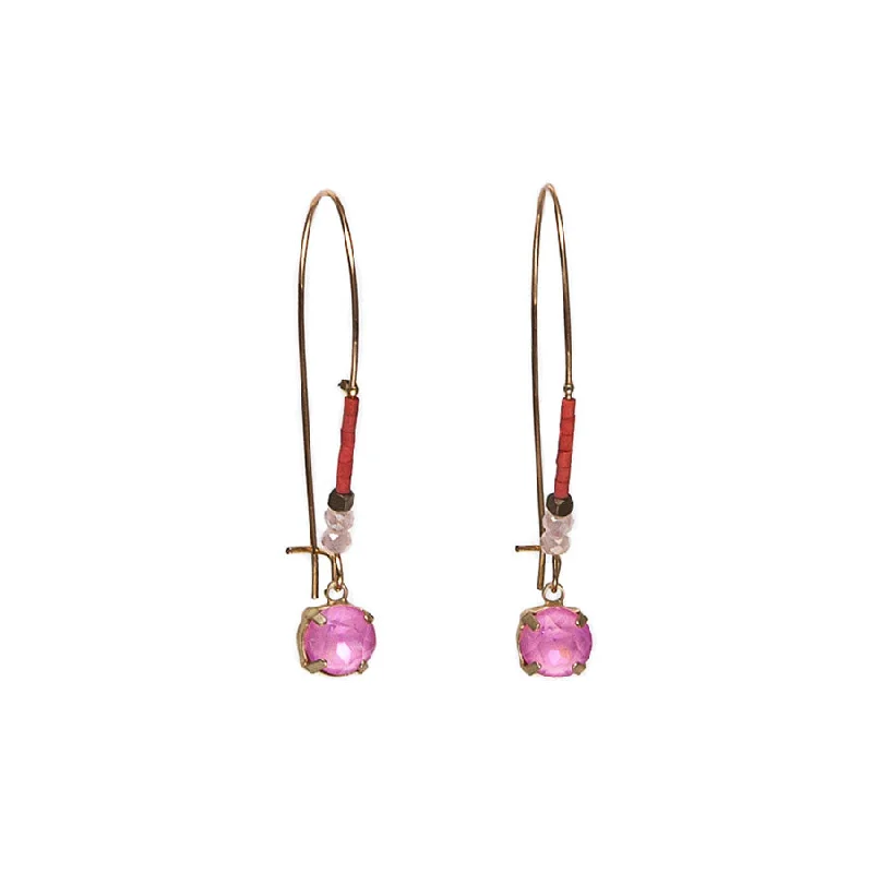 Stylish Drop Earrings for Casual Wear-Hot Tomato Pink Crystal Drop-on Elongated Beaded Hook Earrings