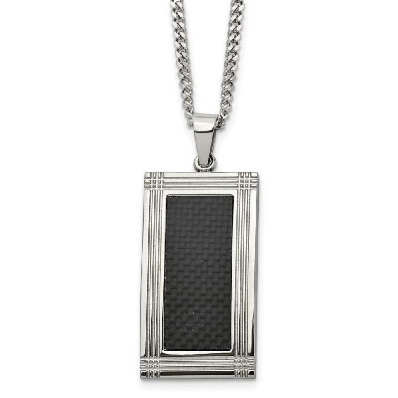 Unique Gemstone Necklace for Special Occasions-Stainless Steel & Black Carbon Fiber Grooved Dog Tag Necklace, 24 Inch