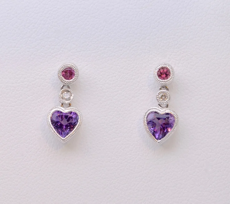 Classic Gold Earrings for Women-Pink Tourmaline/Amethyst Heart-Shaped Dangle Earrings in 14K White Gold