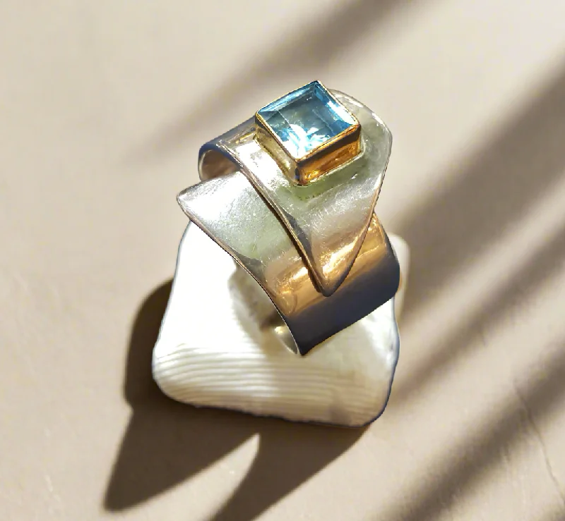 Pearl Ring for Elegant Look-Sterling Silver Ring and Blue Topaz in 18 k. gold, Handmade Ring, Greek Jewelry, modern Ring, Handmade Ring, Greek Jewelry