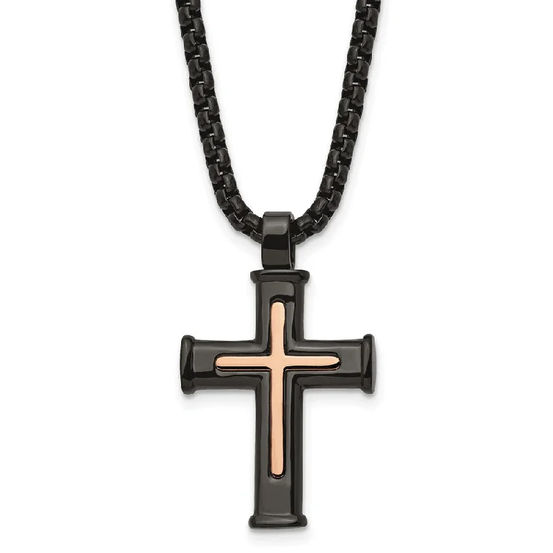 Classic Silver Necklace for Women-Mens Black & Rose Tone Plated Stainless Steel Cross Necklace, 24 Inch