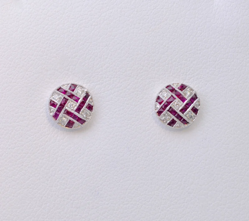 Crystal Earrings for Evening Glam-Ruby and Diamond Lattice Post Earrings in 18K White Gold