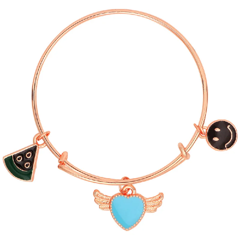 Elegant Silver Bangles for Evening Wear-Mahi Pizza Smiley & Heartwings Shaped Enamel Work Charm Bracelet with Rose Gold Plated for Girls (BRK1100875Z)