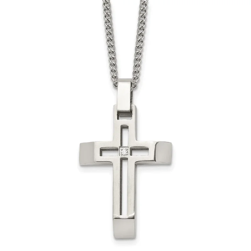 Handcrafted Necklace for Wedding Gifts-Stainless Steel & CZ Brushed/Polished Beveled Cross Necklace, 22 Inch