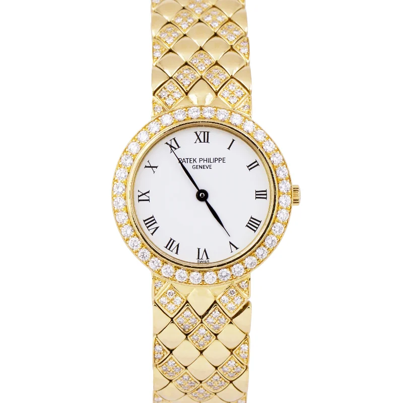 Trendy Watches for Women with Gemstones-Patek Philippe Calatrava White DIAMOND 18K Yellow Gold 25mm Quartz Watch 4820