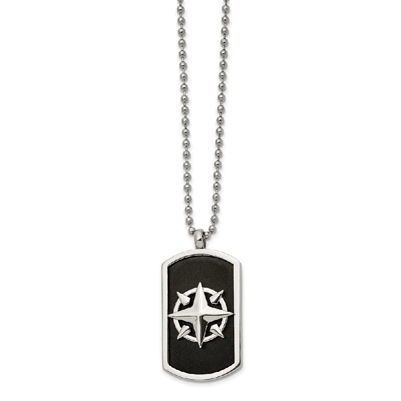 Bridal Necklace with Crystals-Men's Stainless Steel & Black Plated Compass Dog Tag Necklace, 24 Inch