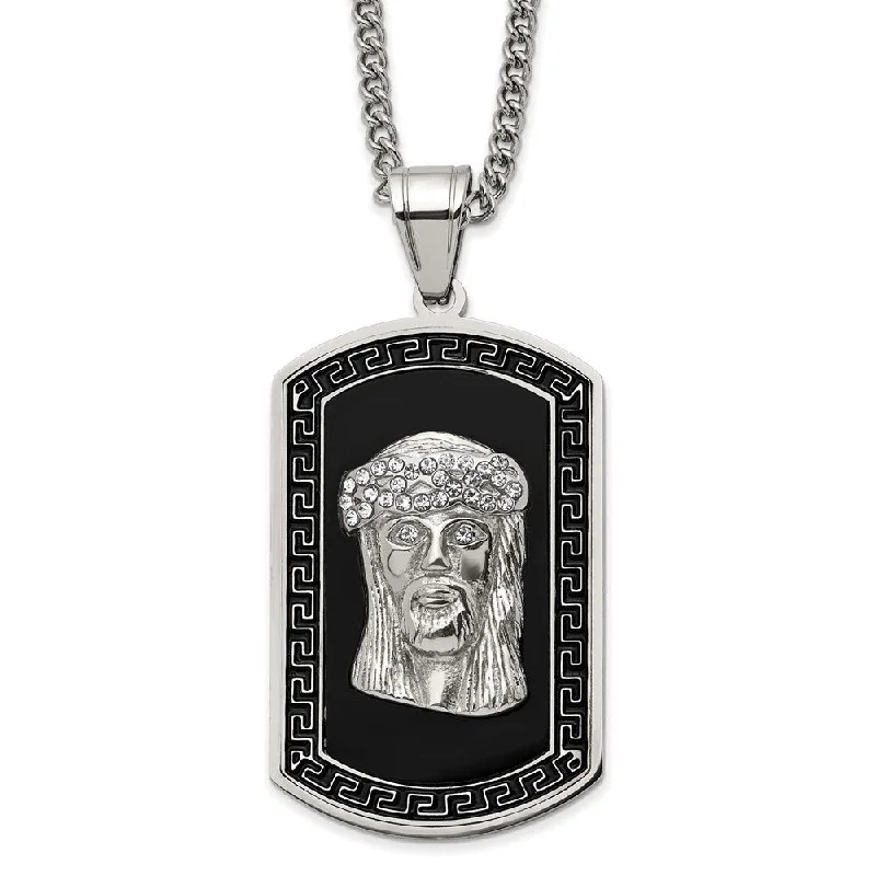 Dainty Necklace for Everyday Looks-Stainless Steel, Black Enamel & Crystal Jesus Dog Tag Necklace, 24 In