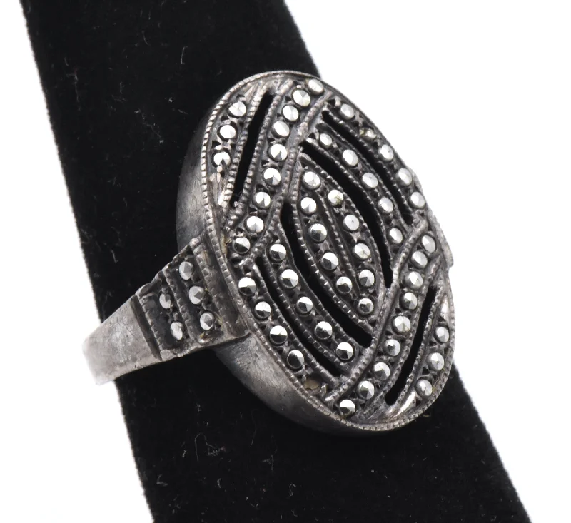 Gold Promise Ring for Engagement-Vintage Sterling Silver Marcasite Art Deco Design Ring - SIze 5.5