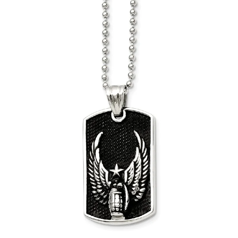 Unique Charm Necklace for Stylish Women-Stainless Steel Antiqued Wings Dog Tag Necklace 22 Inch