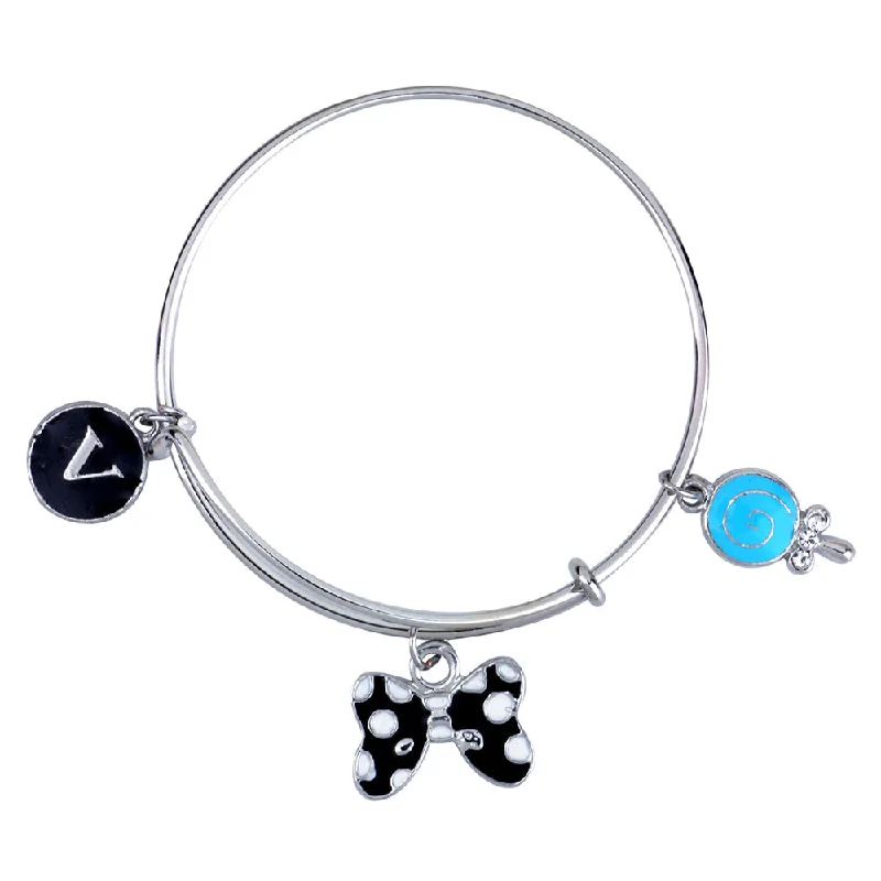 Simple Silver Bangles for Evening Wear-Mahi V Letter & Boo Shaped Rhodium Plated Enamel Work Charms Kids Bracelets for Kids (BRK1100939R)