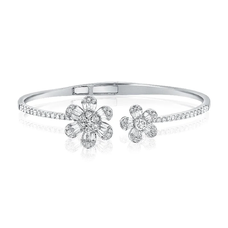 Boho Style Bracelet for Casual Wear-14K White Gold Baguette Double Flower Hinged Cuff Bracelet